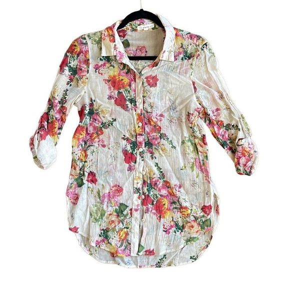 BD collection beige floral lightweight semi sheer button front top medium - Picture 1 of 8
